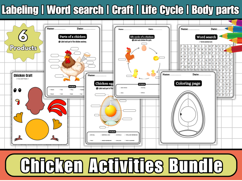 Chicken Activities Bundle:Chicken Craft Activity,Chicken Body Parts,Chicken Life Cycle,Wordsearch,Coloring