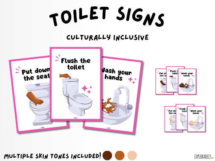 Pink Toilet Signs Culturally Inclusive Flush The Toilet Put The Toilet Seat Down Wash Your Hands