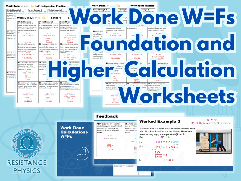 Work Done, W=Fs Foundation and Higher 2 Calculation Worksheets Pack with Answers