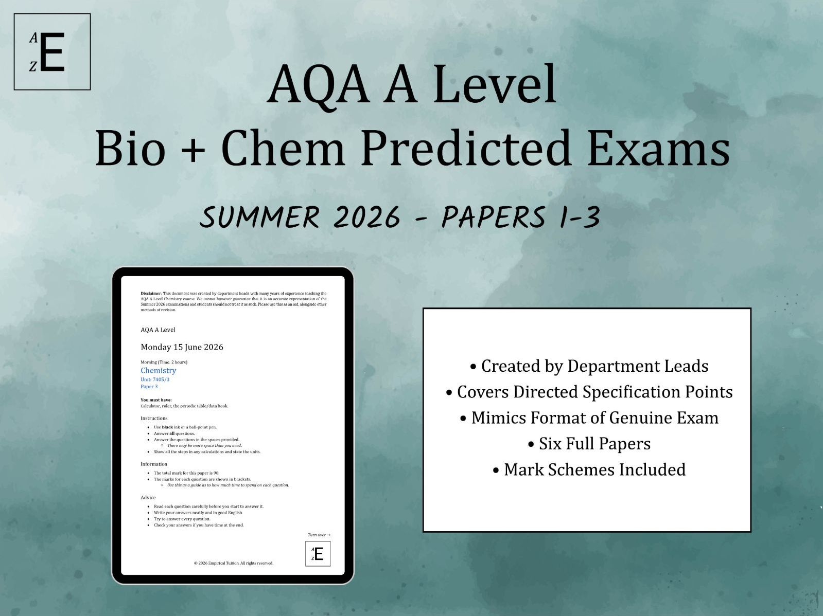 Summer 2026 AQA A Level Biology and Chemistry Predicted Exams - Papers 1-3