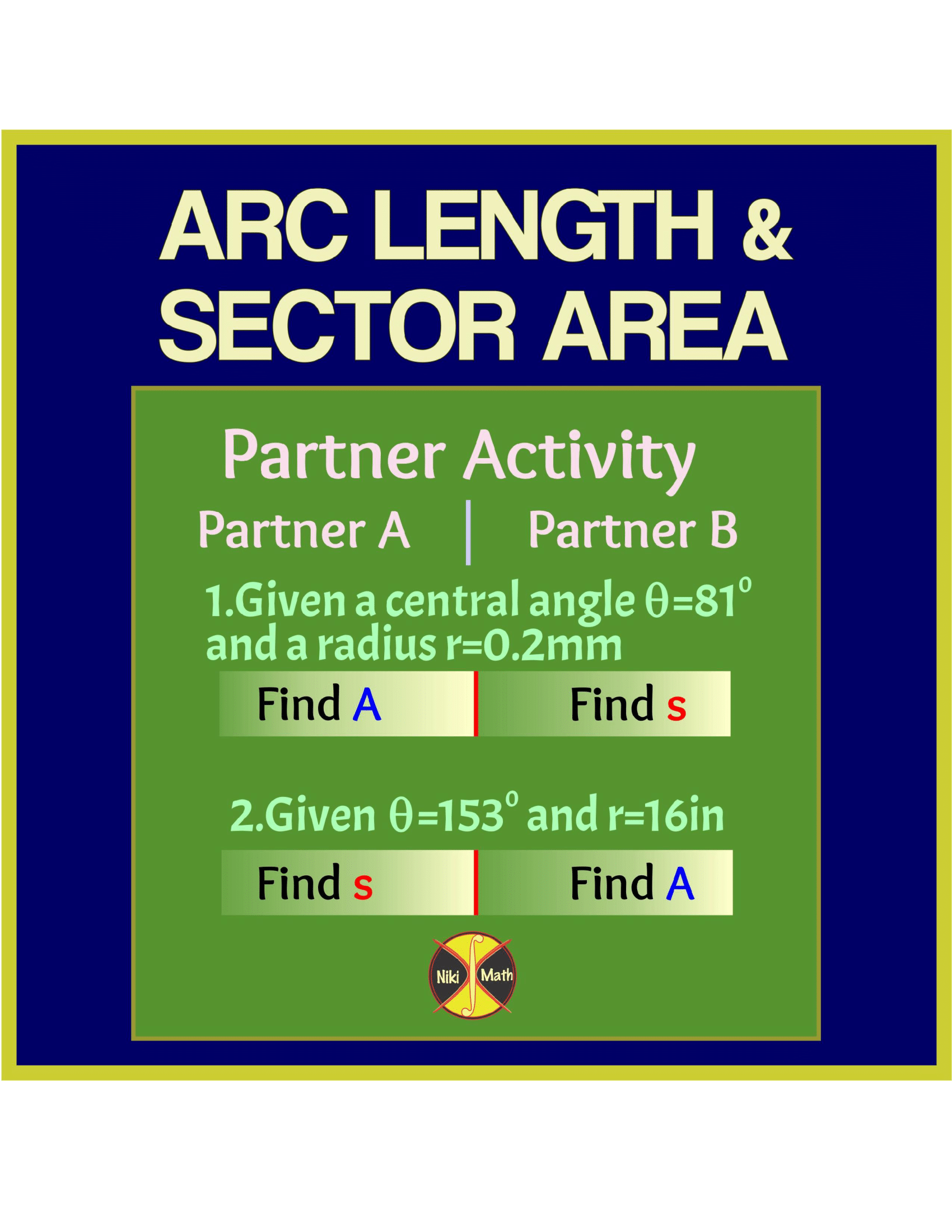 Arc Length And Sector Area Partner Activity Teaching Resources