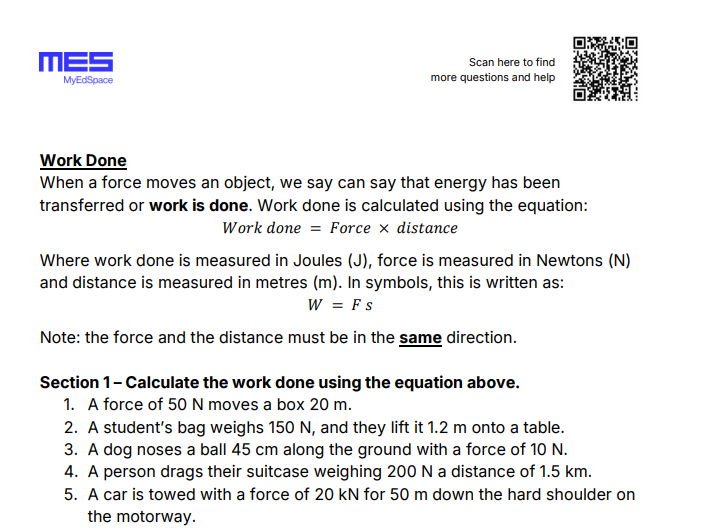 GCSE Physics AQA HT Topic 1: Energy - Work Done Worksheet