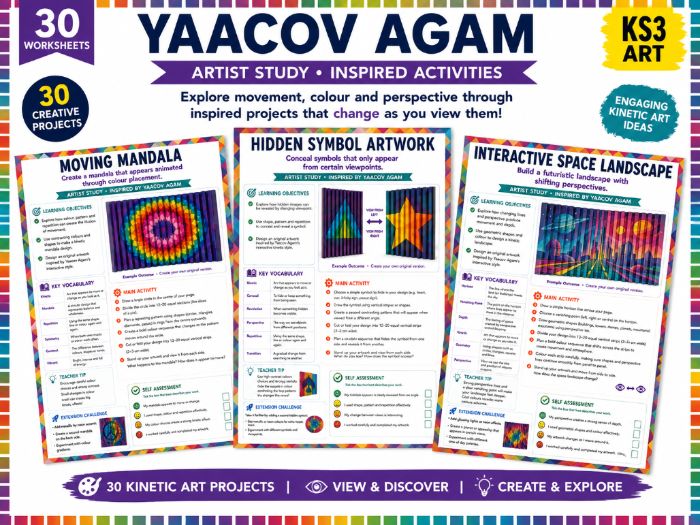 Yaacov Agam Inspired Art – 30 Kinetic Art & Optical Illusion Worksheets | KS3 Art Projects | Colour,
