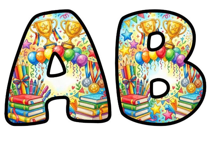 Trophies and Books Bubble Letters | Seasonal Bulletin Board Letters | Printable Alphabet A-Z and 0-9