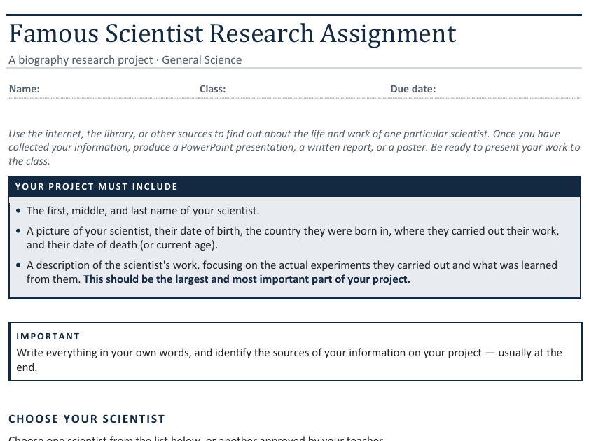 Famous Scientists Research Project