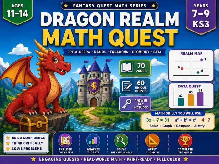 KS3 Maths Quest | Algebra, Ratios, Geometry & Data | Years 7–9 | 70 Pages
