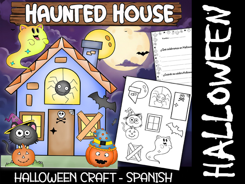 Spanish Halloween Craft Build a Haunted House: October Display Board, Colouring pages & Writing