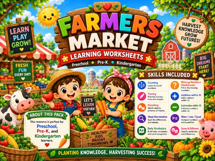 Farmers Market Worksheets for Pre-K & Kindergarten | Counting, Tracing & Early Math Activities
