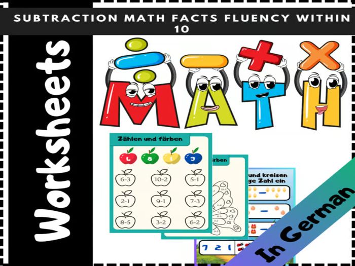 Easy Subtraction Practice: Activities Worksheets (Color by Number, Subtraction) Version in German