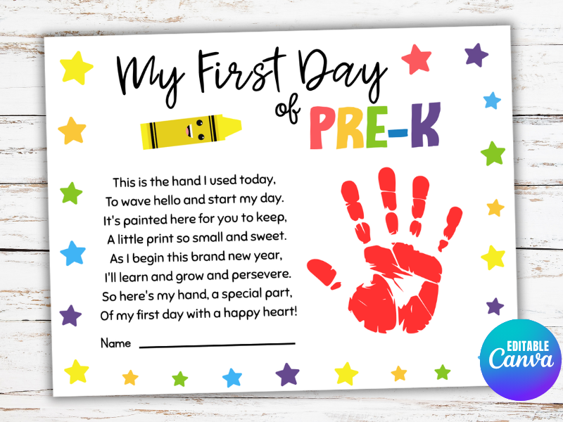 First Day of Pre-K Preschool Handprint Craft Back to School Keepsake Art
