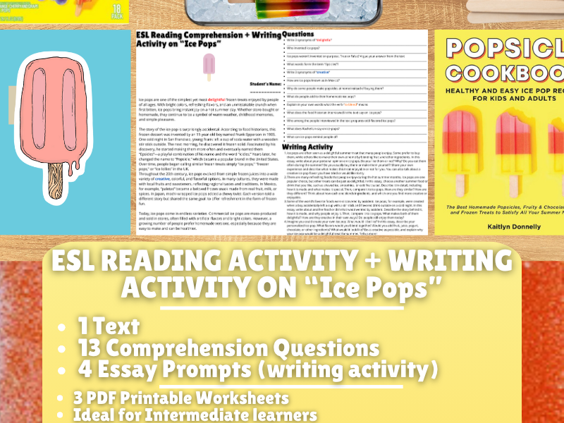 ESL Reading Comprehension + Writing Activity Worksheets on "Ice Pops"