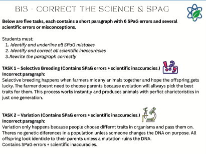 B13/Variation & Evolution/Correct the SPaG & Science Worksheet & Answers/AQA/GCSE/Combined Science