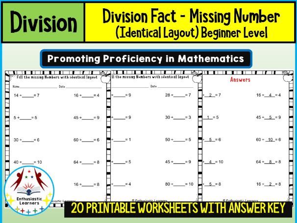 Division Fact Missing Numbers on Identical Layout Worksheets – Beginner Level Problems