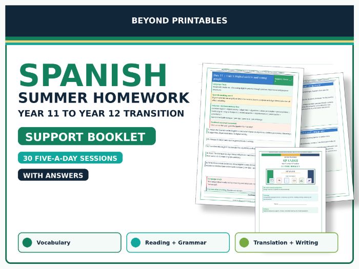 Spanish Summer Homework Booklet: Year 11 to Year 12 Transition Support with Answers