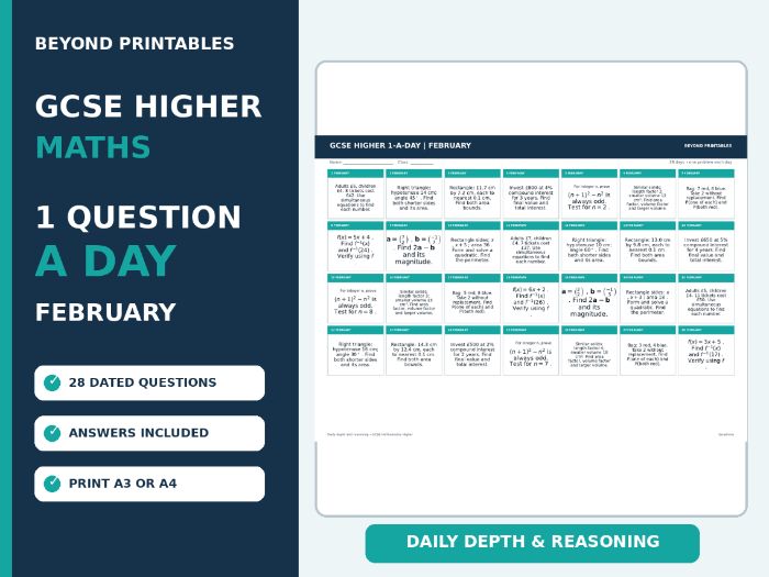 GCSE Higher Maths 1-a-Day February | Daily Reasoning | Answers | A3/A4