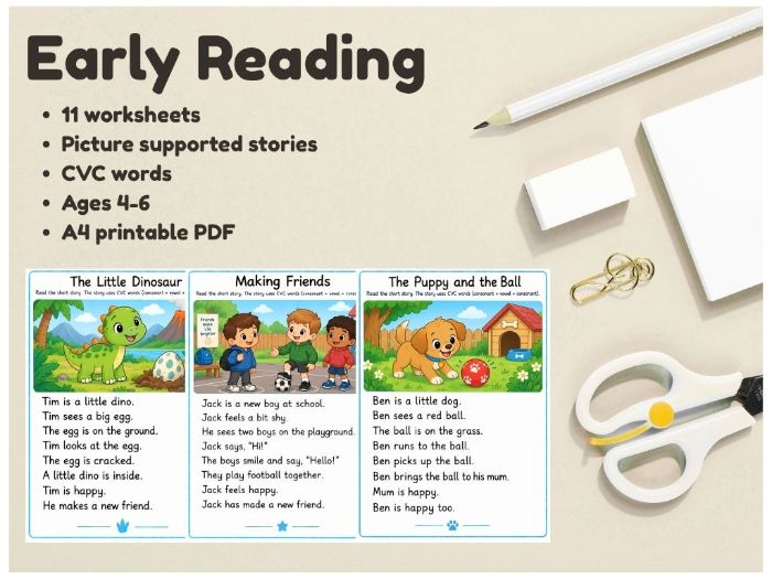 11 Simple CVC Reading Stories Worksheets Ages 4–6
