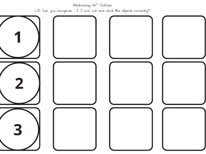 Can you cut and stick the correct objects to the correct numeral? (1 2 and 3)