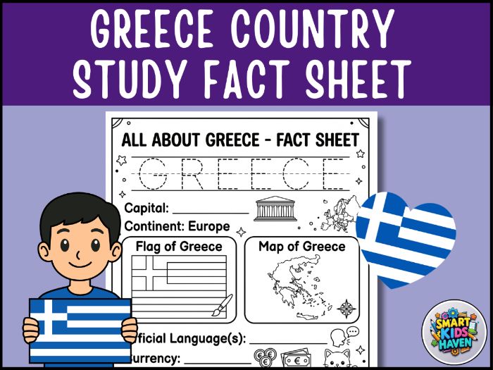 Greece Map and Flag Country Study Research Project Worksheet Geography.