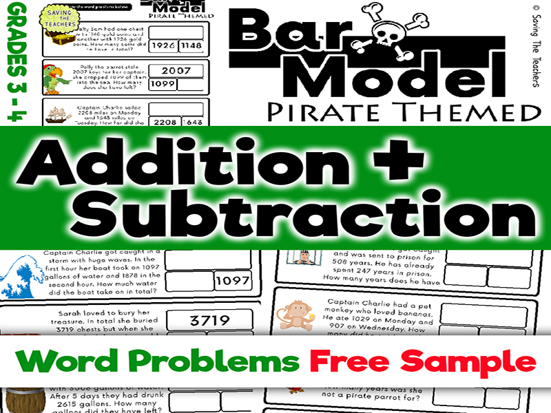 Free Sample: Pirates Addition & Subtraction Bar Model Word Problems: Years 4 and 5