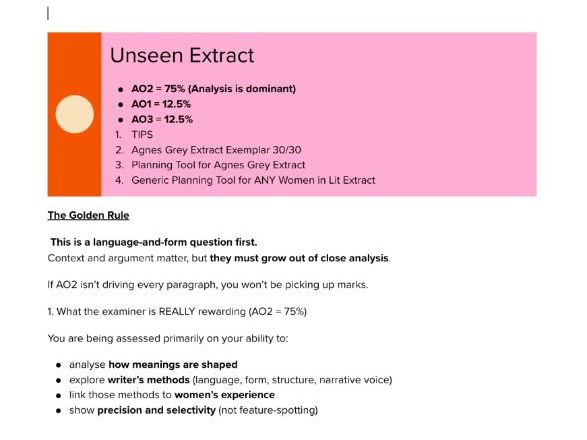 OCR A Level Lit Women In Literature FULL MARKS Extract Exemplar, Tips and Planning Tools