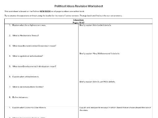 AQA 7152 Politics Revision Question Sheets - Full Ideas Side Sheet