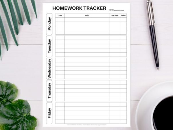 Homework Tracker for Students | Weekly Homework Planner Printable | School Assignment Organiser PDF