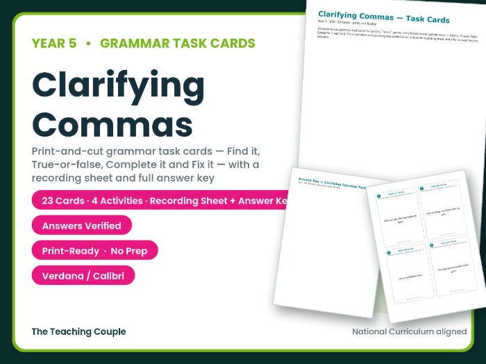 Year 5 Clarifying Commas Task Cards – 23 Grammar Cards + Answer Key