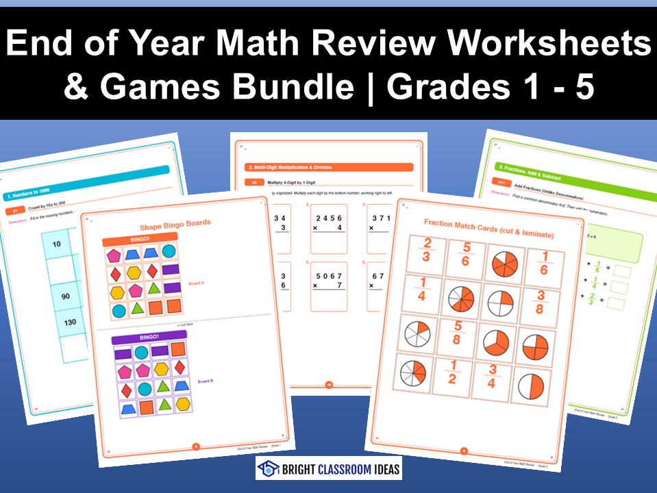 End of Year Math Review Worksheets & Games Bundle | Grades 1 - 5