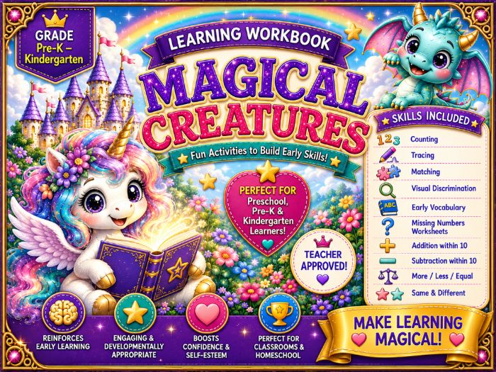 Magical Creatures Learning Workbook | Math, Tracing, Matching & Early Skills | Pre-K–Kindergarten