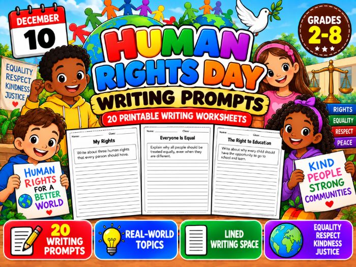 Human Rights Day Writing Prompts | 20 Printable Writing Worksheets
