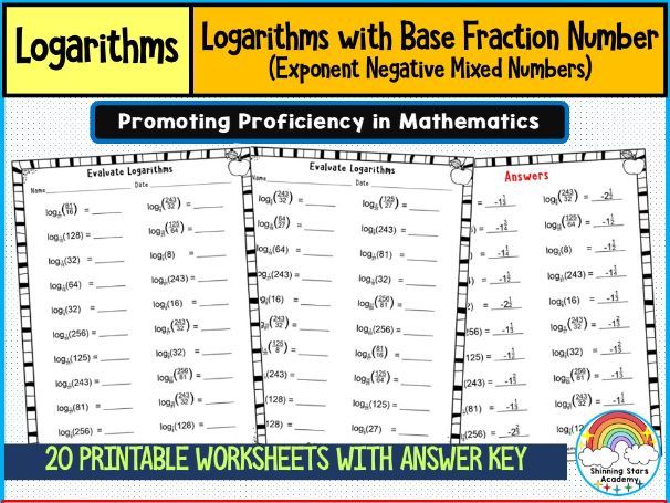 Logarithm with Base Positive Fraction (Exponent as Negative Mixed Number) Worksheets