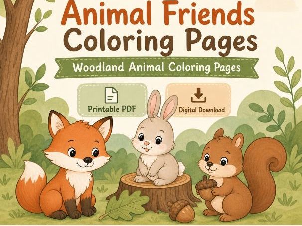Woodland Animal Friends Coloring Pages | Woodland Animal Coloring Pages | Printable PDF | Digital