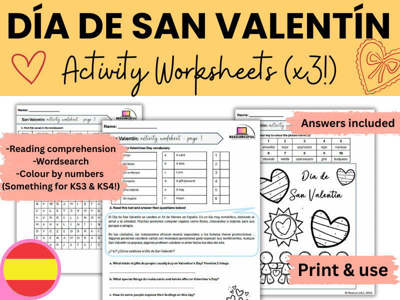 Spanish Valentines Day / Dia de San Valentin Activity Worksheets (x3!)