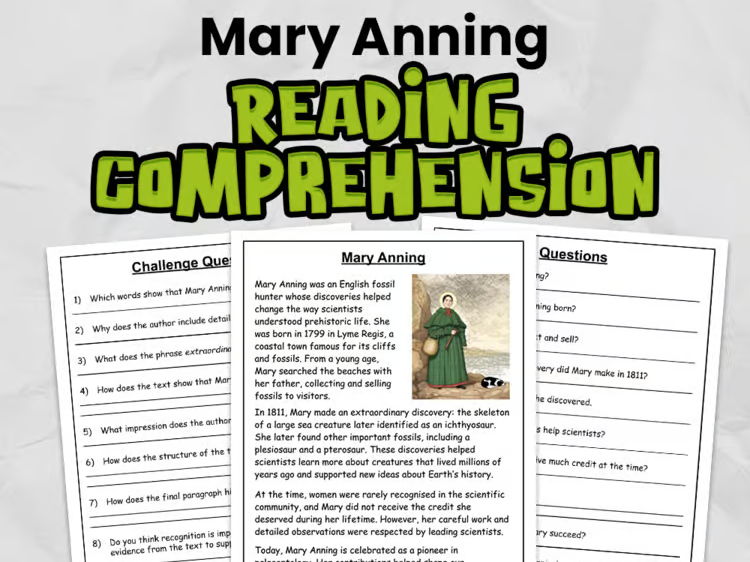 Mary Anning Comprehension for Gr 3 - 5 | Women's History Month