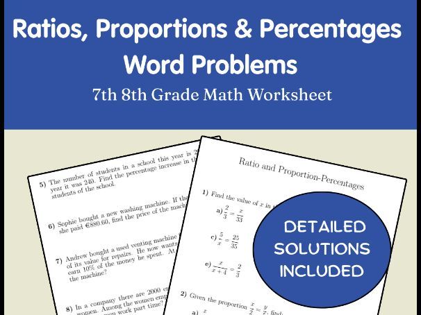Ratios, Proportions & Percentages Word Problems | 7th 8th Grade Math Worksheet