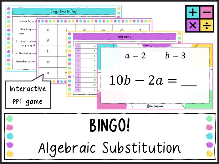 Simple Substitution Bingo Game, Algebraic Substitute Whole Class Activities
