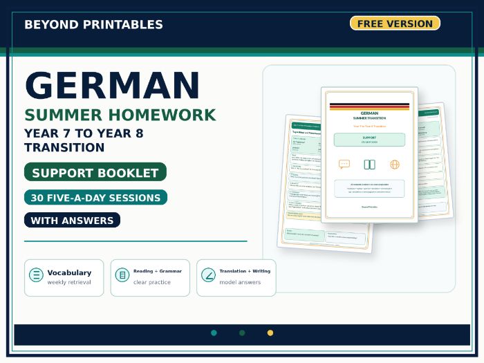 FREE German Summer Homework Booklet – Year 7 to Year 8 Transition SUPPORT with Answers