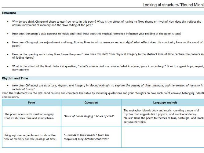 Kayo Chingonyi Poetry: 'Round Midnight Structure Analysis Worksheet