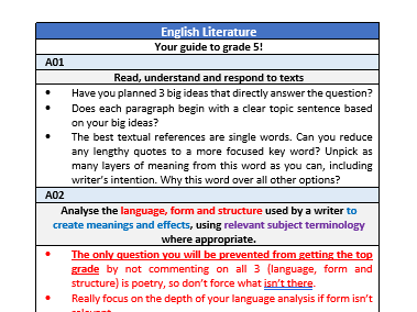 AQA stretching to grade 5 in English literature - top tips bookmark