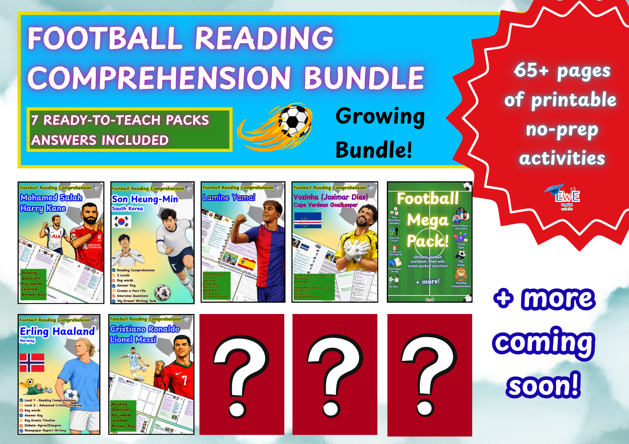 Football Reading Comprehension + Activity Pack GROWING Bundle | Famous Football Players | Nonfiction