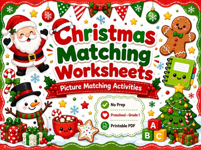 Christmas Matching Worksheets | Picture, Shadow, Letters, Numbers, Shapes & Colors | Preschool–1