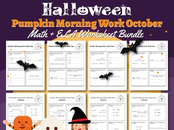 Fifth Grade Pumpkin Morning Work October | Math + ELA Worksheet Bundle | Halloween Theme