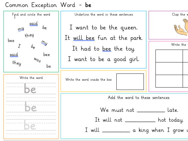 Y1 Common Exception Word Practice Mats