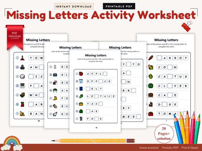 Missing Letters Activity Pages for Kids Fill in the Blanks Worksheets
