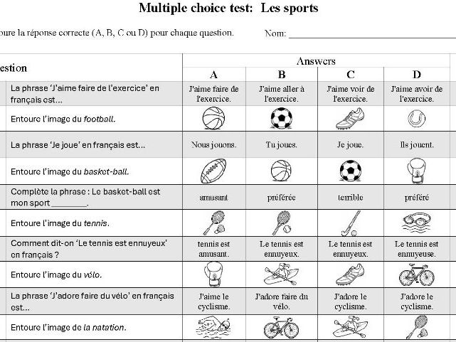 Les sports (multiple choice)
