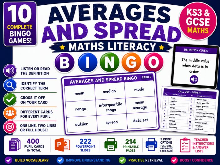 Averages and Spread Maths Literacy Bingo | KS3 & GCSE Statistics Vocabulary | 10 Games