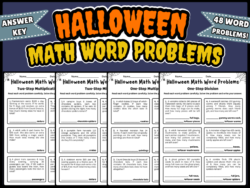 Spooky Halloween Math Word Problems Worksheets (One-Step & Two-Step Operations)