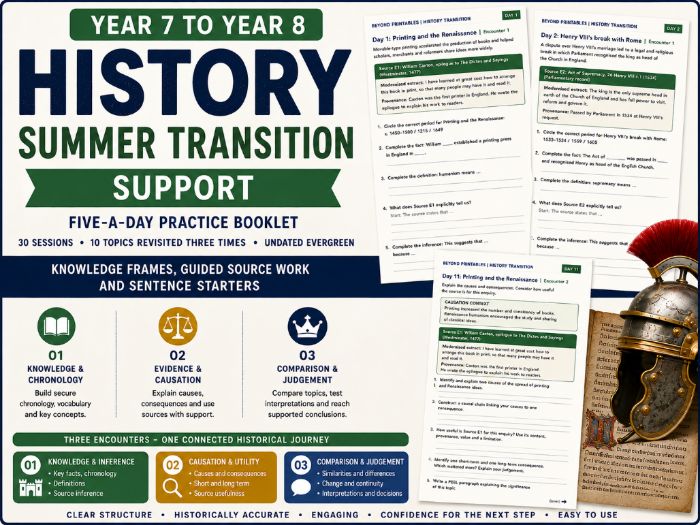 Year 7 to Year 8 History Summer Transition Booklet – Support | 30 Sessions with Answers