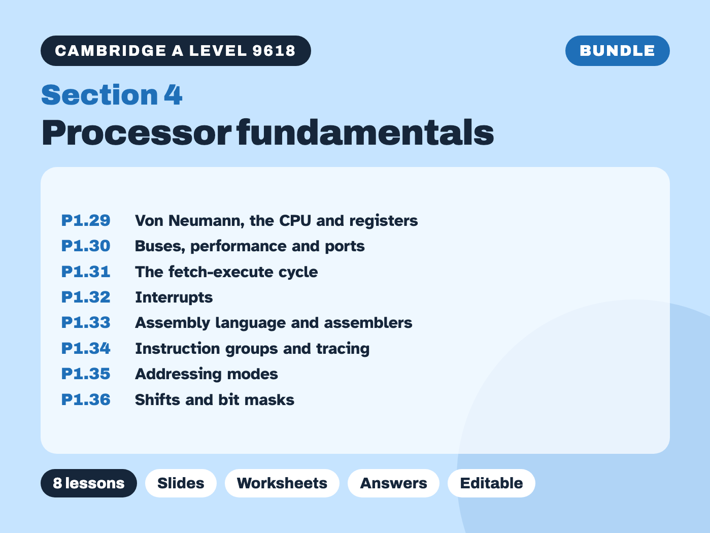 Cambridge A Level Computer Science 9618 – Section 4 Processor fundamentals – Bundle (8 lessons)