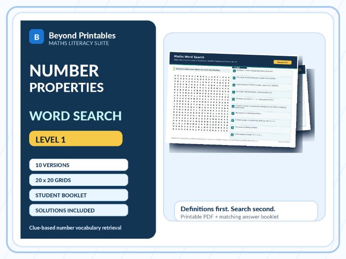 Number Properties Level 1 Maths Word Search | 10 Printable Vocabulary Puzzles with Solutions